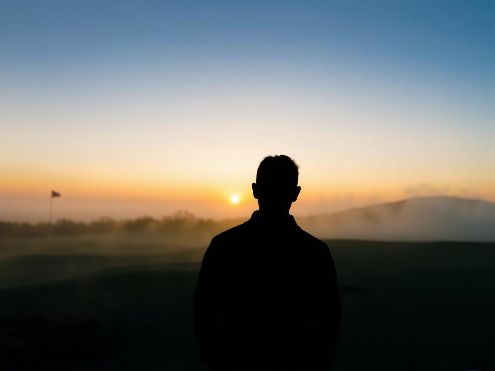 Golfer silhouetted against a misty sunrise