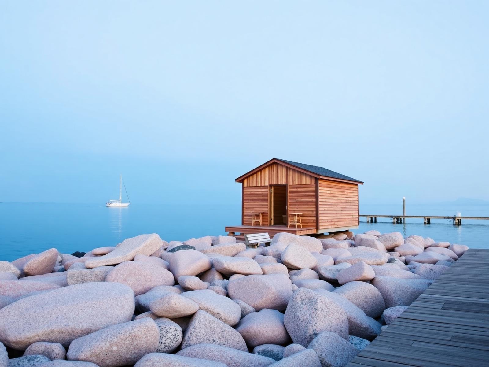 A wooden sauna on granite rocks by the calm Swedish sea