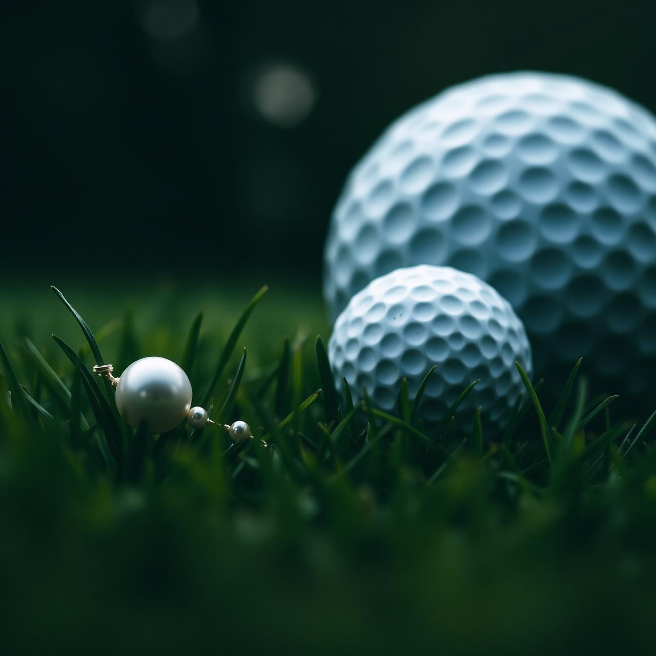 A pearl resting in the grass beside a golf ball