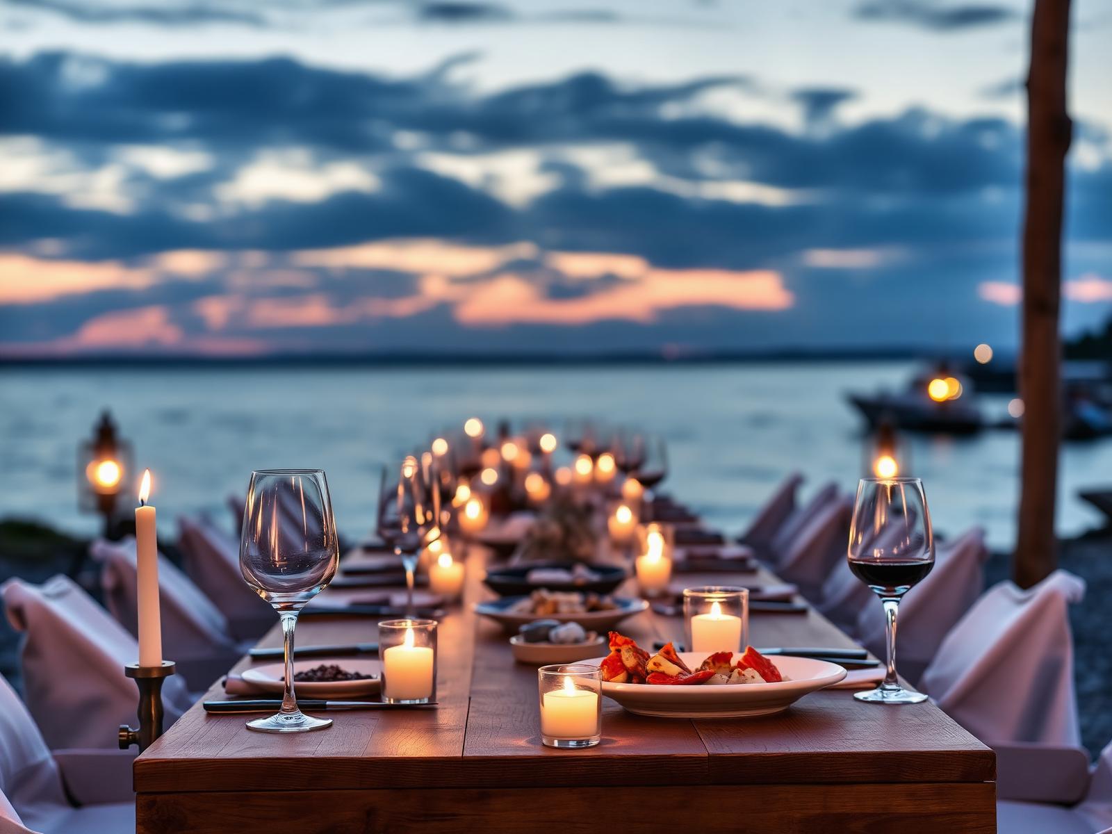 Long candlelit table set at dusk by the Swedish sea