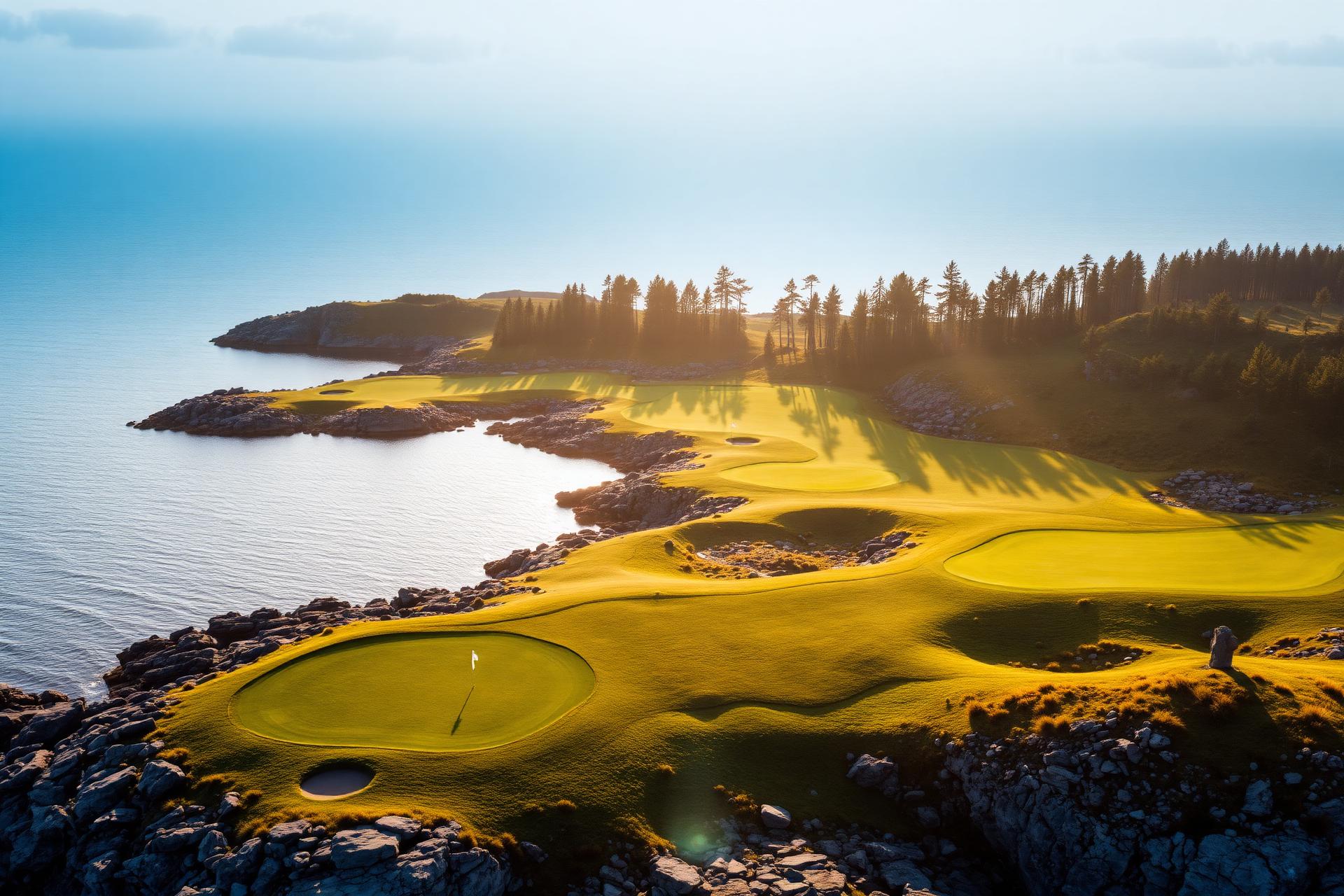 Aerial view of a coastal golf course on Sweden's West Coast at golden hour